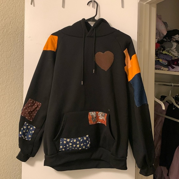 unbranded Tops - hand sewn patchwork fall black fleece hoodie size xxl